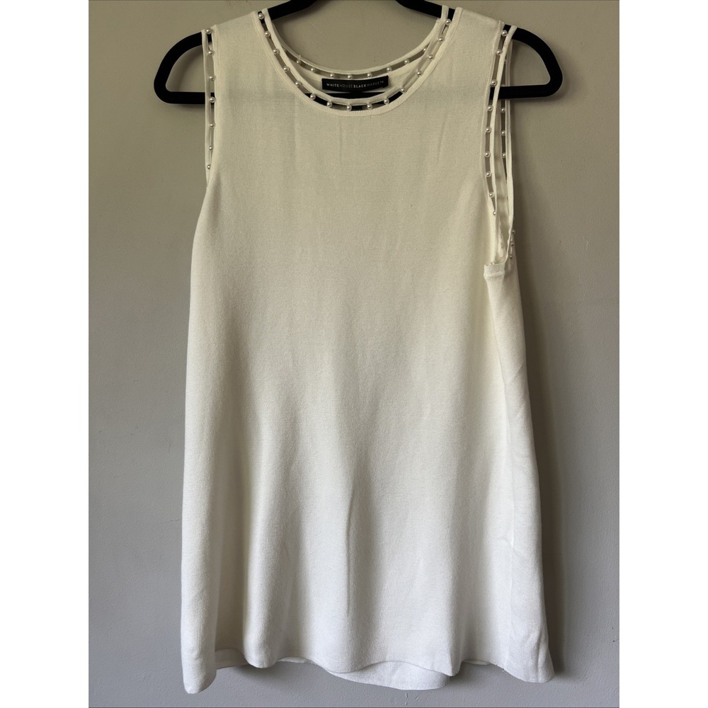 White House Black Market Ecru Sleeveless Faux Pearl Ladder Stitch Sweater Size M